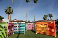 colorful painted fences in front of palm trees