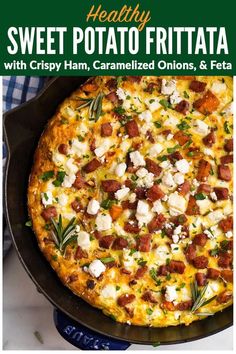 the cover of healthy sweet potato frittata with crispy ham, caramelized onions, and feta