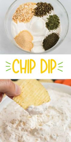 the ingredients for dip in a bowl with a hand holding a cracker over it