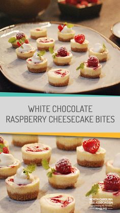 white chocolate raspberry cheesecake bites on a plate with strawberries in the background