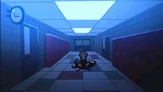 a cartoon character sitting on the floor in a hallway