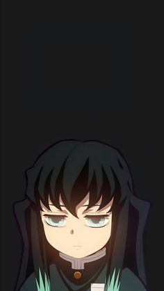 an anime character with long black hair and blue eyes, standing in front of a dark background