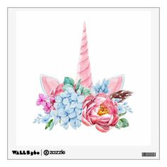 a watercolor painting of a unicorn's head with flowers and feathers on it