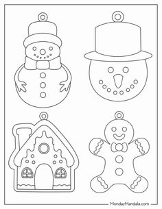 three christmas ornaments to color and cut out for the holiday coloring book, including gingerbread house