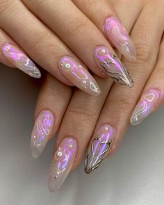 Sparkly Abstract Nails, Whimsical Acrylic Nails, Dope Nails Almond, Irridecent Design Nails, Chrome Butterfly Nails, 21st Nails, Cybercore Nails, Sept Nails, Korean Glass Nails