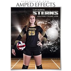 a female volleyball player is posing for a photo on the cover of an advert