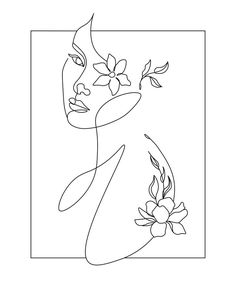 a line drawing of a woman's face with flowers