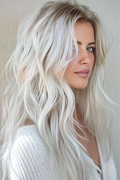 Dimensional Ice Blonde, Silver Blonde Hair Color Ideas, Light Blonde Hair With Shadow Root, White Blonde Hair With Roots, Platinum Blonde Hair Grey, Bleach Blonde Hair Platinum, 2024 Summer Blonde Hair Trends, Fall Platinum Blonde Hair Color, Platinum Blonde With Highlights