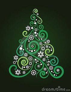 a green christmas tree with swirls and snowflakes on the top, against a black background