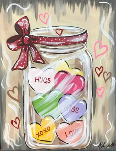 a painting of hearts in a jar with the words hugs written on it and a bow