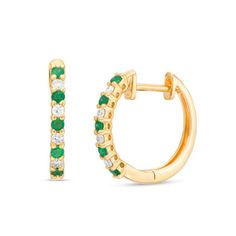 She’ll admire the anytime appeal of these colorful gemstone and diamond hoop earrings. Crafted in 14K gold, each shimmering hoop features a row of alternating rich 1.5mm verdant-green emeralds and sparkling petite diamonds. Captivating with 1/10 ct. t.w. of diamonds and a brilliant buffed luster, these earrings secure with hinged backs. Green 14k Gold Fine Jewelry Hoop Earrings, Green 14k Gold Hoop Earrings Fine Jewelry, Green Small Hoop Huggie Earrings Fine Jewelry, Green Small Hoop Huggie Earrings, Green Hoop Earrings With Prong Setting, Green Diamond Hoop Earrings Fine Jewelry, Green Gemstone Hoop Earrings In Fine Jewelry Style, Green Huggie Fine Jewelry Earrings, Green Huggie Earrings Fine Jewelry