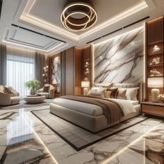 a large bedroom with marble floors and walls