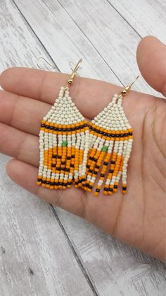 Beaded Dangle Earrings For Halloween, Dangle Beaded Earrings For Halloween, Beaded Pumpkin, Pumpkin Bead, Beaded Fringe Earrings, Halloween Beads, Native American Beaded Earrings, Chula Vista, Pumpkin Earrings