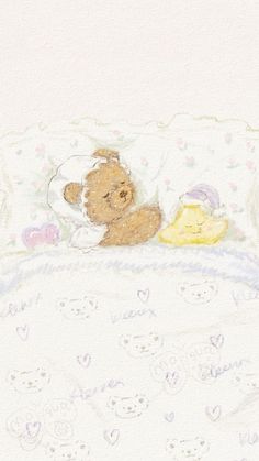 a drawing of a teddy bear laying in bed