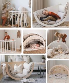 a collage of photos showing babys in their cribs and bedding