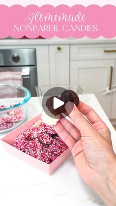 Jamie Dinardi-Dill | Sweetly Jamie on Instagram: "Easy Nonpareil Chocolate Candies 🍫💝 if you respond “PINK” I will send you a link to these pink boxes and also the Valentine sprinkles I used! The boxes also come with pink twine and perfect for boxing up Valentines treats.

It could not be easier to make homemade nonpareils, you literally cannot mess it up. You just add spoonfuls of melted chocolate on top of a layer of nonpareil sprinkles, allow to harden and VOILA! So easy to customize for different holidays and occasions by switching up the color of the nonpareil sprinkles that you use. Makes such a cute and yummy gift! I’ve never met a person that doesn’t love chocolate + sprinkles together." Homemade Nonpareils, Valentine Sweet Treats, Valentine Baking, Pink Boxes, Valentines Treats, Valentines Baking, Dessert Bites, Happy Hearts Day, Chocolate Candies