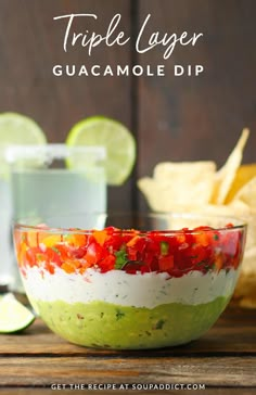 the recipe for this triple layer guacamole dip is shown in a bowl