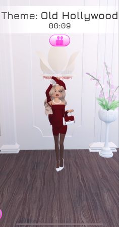 an animated image of a woman in a red dress and santa claus hat, standing on a wood floor