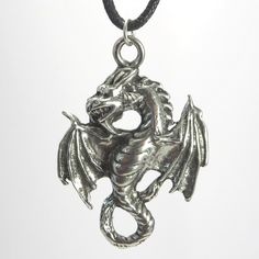 Flying Dragon Pewter Pendant Necklace - Amphiptere Style Dragon Necklace Pendants, Unique Dragon Design Jewelry Pendant, Collectible Silver Necklace With Dragon Design, Spiritual Dragon Design Pendant Jewelry, Feather Wings, Pewter Pendant