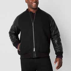 Add a cool touch to your outerwear collection with this Shaquille O'Neal XLG men's big and tall varsity jacket. It's made from an all-black wool-blend with faux leather sleeves, a 2-way front-zip closure, ribbed cuffs and hem, and two side slip pockets. Pair it with dark jeans and boots for a casual look. Features: Dual ZipperClosure Type: 2-Way ZipperPockets: 2 Side Slip PocketsSleeve Length: Long SleeveApparel Length: 31 InchesFiber Content: 58% Polyester, 33% Wool, 9% Other 5% Or LessFilling Jackets Varsity, Varsity Jacket Black, Varsity Jackets, Leather Sleeves, Shaquille O'neal, Dark Jeans, Leather Sleeve, Mens Big And Tall, Big & Tall