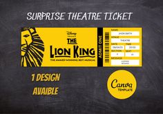 the lion king ticket is on display in front of a blackboard with yellow lettering