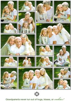 a family photo collage with the words grandparents never out of hugs