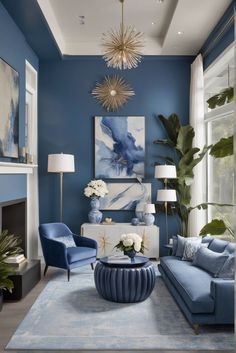 Grey And Blue Living Room Colour Schemes, Blue Elegant Living Room, Latest Bedroom Color Combination, Blue Color Palette For Home, Living Room Trends For 2024, Best Blue Paint For Living Room, Blue House Ideas Interiors, Blue Living Room Wall Color, Interior Design Blue Living Room