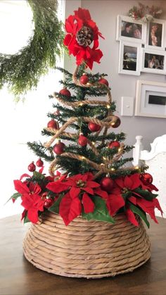 a christmas tree decorated with poinsettis in a wicker basket on a table