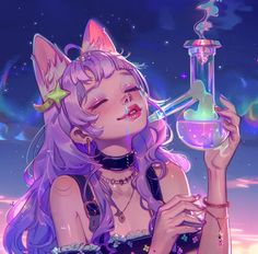 The image is of an anime girl with cat ears and purple hair. She is smoking from a bong ->> more details in ai-img-gen.com Pink And Blue Gradient, Female Pfp, Girl With Cat, Flash Ideas, Lot Of Jewelry, Anime Black Hair, Rave Girl, A Starry Night, Discord Pfp