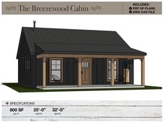 the front and side views of a small cabin with porches on both sides,