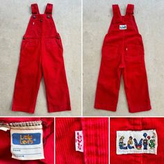 For your consideration Original vintage 1980s Little Levi's red corduroy bib overalls for toddler Red and white Levi's tab Made in USA Marked size 4T Dated 1985 Back button # 512 Adjustable shoulder straps Snap button bib Snap button side waist Two front and two back pockets No front button or zipper area In pre owned condition .. shows minor fading .. all working parts .. no holes or tears .. no real noticeable soiling .. legs appear hemmed and shortened .. minimal wear .. tags on inside of leg Retro One Piece, Jeans Western, White Levis, One Piece Romper, Kids Overalls, Bib Overalls, Size 4t, Toddler Boys, Snap Button