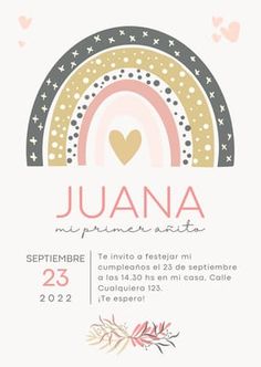 a card with an image of a rainbow and stars in the sky, which reads juana