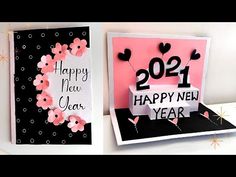 two new year's cards with flowers and hearts on them, one is made out of