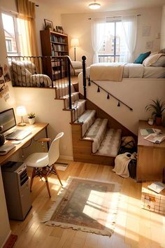 a bedroom with stairs leading up to the bed and desk in front of it is lit by sunlight coming through the window