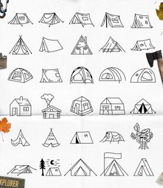 a bunch of different types of tents on a piece of paper with scissors and other items