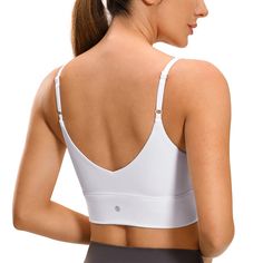 PRICES MAY VARY. Designed for yoga and training. Medium support. Brushed and buttery-soft touch, 4-way stretch, enough compression. Removable pads for flexible movement. Adjustable spaghetti straps for personal fit. V-back design. Cropped cami top that pairs well with high waisted pants. Brushed Naked Feeling collection is composed of brushed soft and four-way stretch fabric. This longline bra combines workout function and fashion. Slim strap design and V back add extra attraction for you. It is White Sweat-resistant Sports Bra For Yoga, White Compressive Yoga Bra, Stretch V-neck Bra For Yoga, Stretch V-neck Yoga Bra, Medium Support V-neck Sports Bra For Yoga, Longline Bra, Yoga Bra, Cropped Cami, Cami Crop Top