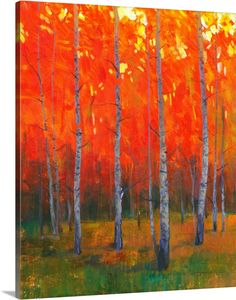 an oil painting of trees with orange leaves