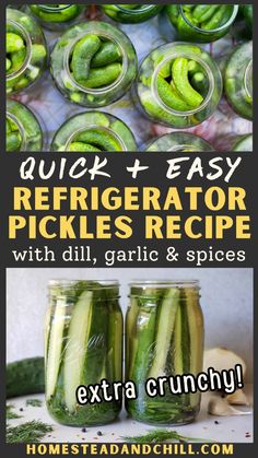 pickles and cucumbers in jars with text overlay reading quick easy refrigerator pickles recipe with dill, garlic & spices