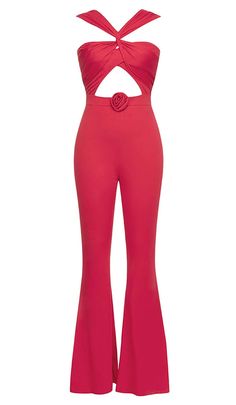 HALTER SLEEVELESS JUMPSUIT IN RED Chic Red Backless Jumpsuits And Rompers, Chic Red Backless Jumpsuit, Red Backless Spring Jumpsuits And Rompers, Red Backless Jumpsuits And Rompers For Spring, Spring Solid Color Elastane Jumpsuits And Rompers, Chic Spring Jumpsuits And Rompers, Chic Elastane Jumpsuits And Rompers For Spring, Summer Strapless Elastane Jumpsuit, Spring Elastane Jumpsuits And Rompers