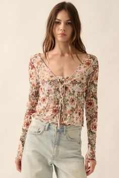 Garden Blossoms Floral Mesh Layered Tie-Front Top - ShopPromesa Stretch Mesh Top With Floral Print For Summer, Spring Printed Mesh Top, Casual Summer Printed Mesh Top, Casual Printed Mesh Top For Spring, Layered Design, Front Tie Top, V Neckline, Waist Length, Layers Design