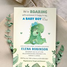 Sweet blue and green baby and mommy dinosaurs invitation for a baby boy's shower or sprinkle. Matching inserts, signs, decorations, and more can be found in my Baby Boy Dinosaur Collection. This theme can also be found in pink for a girl, please check my Zazzle store or contact me for further details. Dinosaur Baby Shower Invitations, Dinosaur Baby Shower Theme, Dinosaur Invitations, Sprinkle Invitations, Woodland Baby Shower Invitations, Dinosaur Baby Shower, Boy Baby Shower Themes, Baby Shower Invitations For Boys, Green Baby