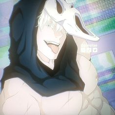 an anime character with white hair wearing a hoodie and holding his hands to his head