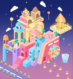 an illustration of a colorful castle with people on the top and stairs leading up to it