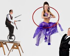 a woman in a purple dress and a man in a black suit are doing aerial tricks