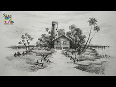 a drawing of a lighthouse on the beach