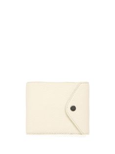 cream white leather bi-fold design foldover top with press-stud fastening internal card slots debossed internal logo Modern White Wallet With Rfid Blocking, Modern White Leather Wallet, White Bifold Wallet With Rfid Blocking, White Leather Everyday Wallet, Modern White Bifold Wallet, Everyday White Leather Wallet, Cream Leather Wallets With Card Slots, White Bifold Wallet For Everyday Use, Everyday White Bifold Wallet