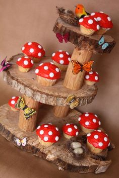 the cupcakes are made to look like mushroom's and have butterflies on them