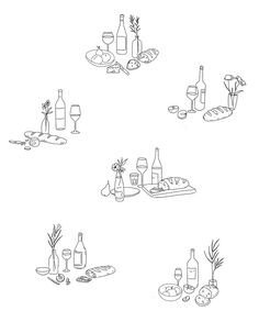 a line drawing of food and wine on a table