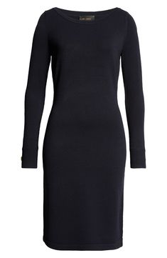 This versatile sweater-dress from the label's 'Foundation' collection inspires everyday confidence with its impeccable fit and a knit that holds it shape. A subtle bateau neck and enameled buttons at the cuffs add an easy elegance to the knee-grazing look. 39" length Slips on over head Bateau neck Long sleeves with button cuffs 68% viscose, 32% nylon Dry clean Imported Designer Clothing Elegant Knit Bodycon Sweater Dress, Chic Knit Sweater Dress For Daywear, Knit Sweater Dress For Workwear, Elegant Fall Sweater Dress For Daywear, Elegant Fitted Sweater Dress For Loungewear, Elegant Midi Sweater Dress For Loungewear, Fitted Knit Sweater Dress For Work, Chic Knit Sweater Dress For Work, Elegant Winter Loungewear Midi Dress