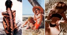 three different pictures of women in bikinis and hats on the beach, one with her back turned to the camera